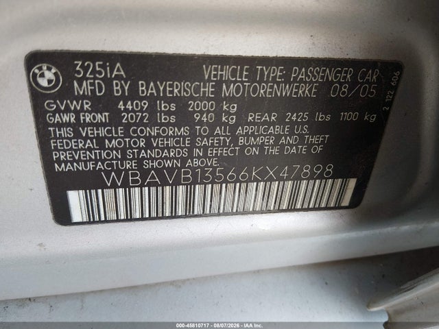 Продажа на аукционе авто 2006 Bmw 325i, vin: WBAVB13566KX47898, номер лота: 45810717