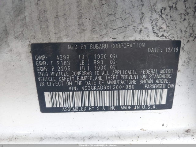 Aukcja sprzedaży 2020 Subaru Impreza Premium, vin: 4S3GKAD6XL3604980, numer aukcji: 45810755