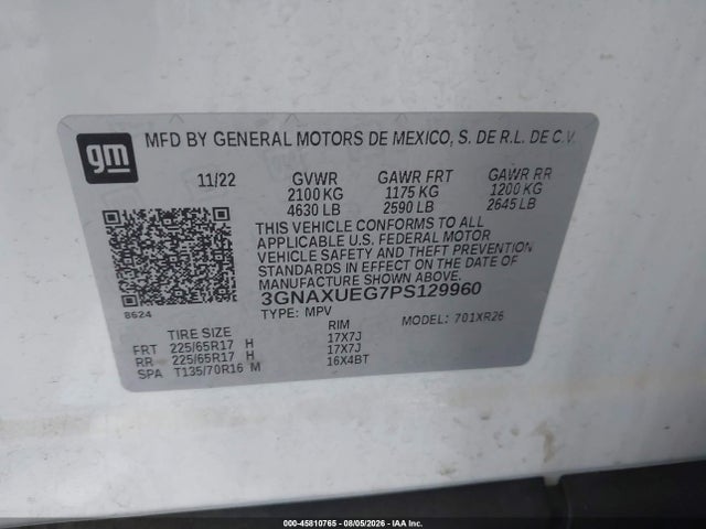 45810765 :رقم المزاد ، 3GNAXUEG7PS129960 vin ، 2023 Chevrolet Equinox Awd Lt مزاد بيع