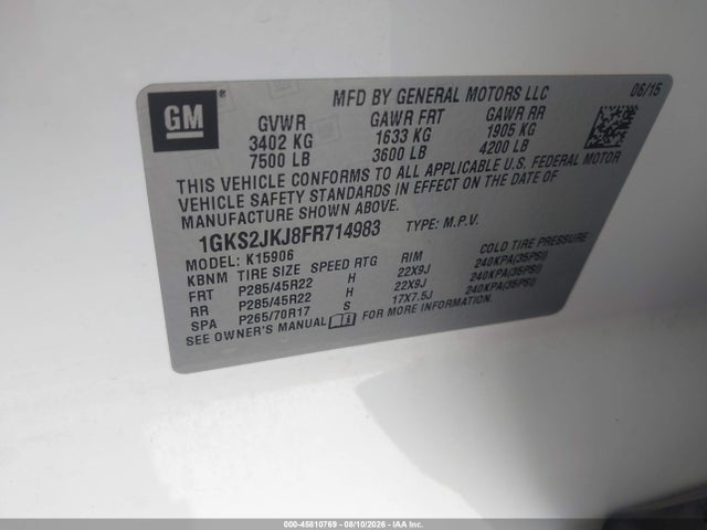 2015 Gmc Yukon Xl 1500 Denali მანქანა იყიდება აუქციონზე, vin: 1GKS2JKJ8FR714983, აუქციონის ნომერი: 45810769