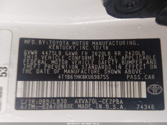 Aukcja sprzedaży 2019 Toyota Camry Xse, vin: 4T1B61HK8KU698755, numer aukcji: 45810774
