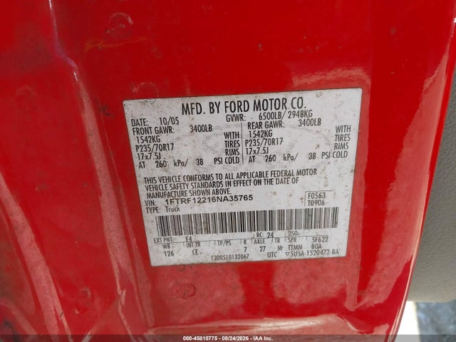 2006 Ford F-150 Stx/xl/xlt მანქანა იყიდება აუქციონზე, vin: 1FTRF12216NA35765, აუქციონის ნომერი: 45810775