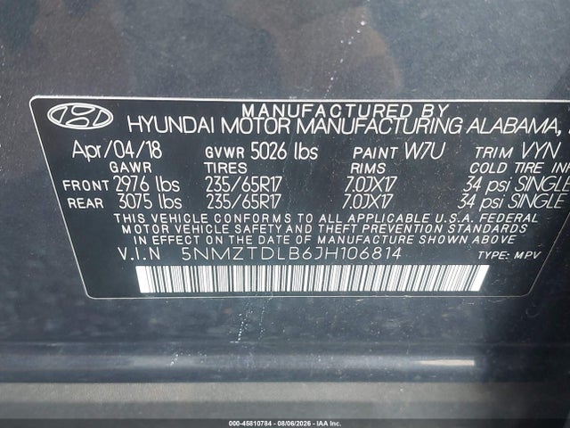 2018 Hyundai Santa Fe Sport 2.4l მანქანა იყიდება აუქციონზე, vin: 5NMZTDLB6JH106814, აუქციონის ნომერი: 45810784