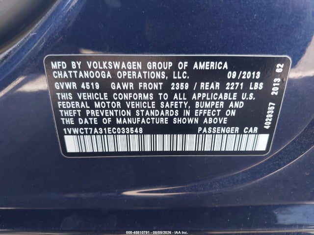 45810791 :رقم المزاد ، 1VWCT7A31EC033548 vin ، 2014 Volkswagen Passat 1.8t Sel Premium مزاد بيع