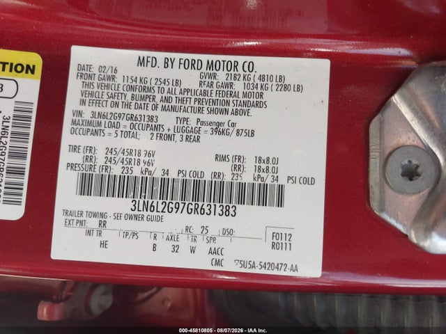 Aukcja sprzedaży 2016 Lincoln Mkz, vin: 3LN6L2G97GR631383, numer aukcji: 45810805