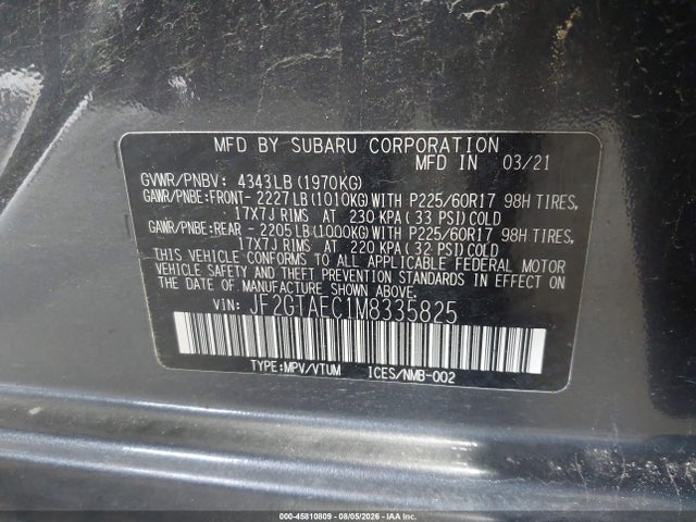 Aukcja sprzedaży 2021 Subaru Crosstrek Premium, vin: JF2GTAEC1M8335825, numer aukcji: 45810809