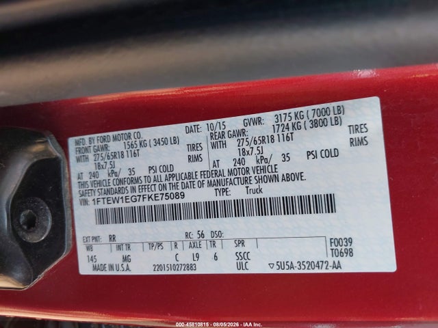 45810815 :رقم المزاد ، 1FTEW1EG7FKE75089 vin ، 2015 Ford F-150 Xlt مزاد بيع