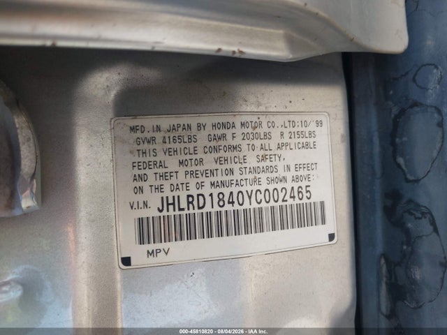 Aukcja sprzedaży 2000 Honda Cr-v Lx, vin: JHLRD1840YC002465, numer aukcji: 45810820