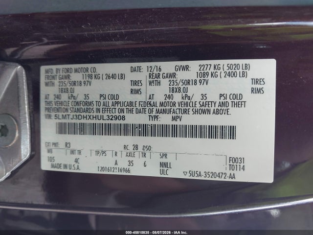 45810835 :رقم المزاد ، 5LMTJ3DHXHUL32908 vin ، 2017 Lincoln Mkc Reserve مزاد بيع