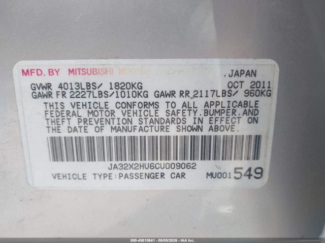 45810841 :رقم المزاد ، JA32X2HU6CU009062 vin ، 2012 Mitsubishi Lancer Sportback Es مزاد بيع