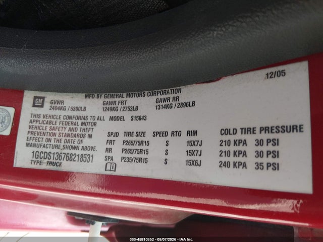 45810852 :رقم المزاد ، 1GCDS136768218531 vin ، 2006 Chevrolet Colorado Lt مزاد بيع
