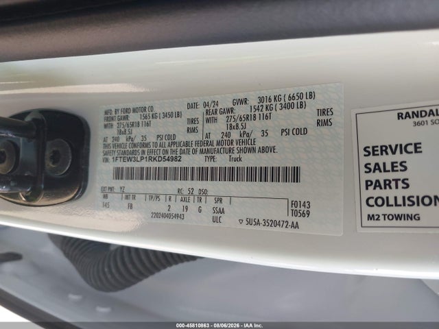 45810863 :رقم المزاد ، 1FTEW3LP1RKD54982 vin ، 2024 Ford F-150 Xlt مزاد بيع