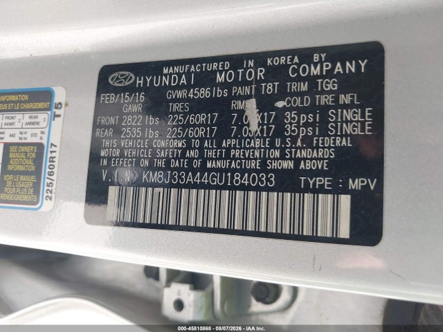 Продаж на аукціоні авто 2016 Hyundai Tucson Se, vin: KM8J33A44GU184033, номер лоту: 45810868