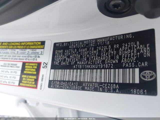 Auction sale of the 2019 Toyota Camry Se, vin: 4T1B11HKXKU191872, lot number: 45810873
