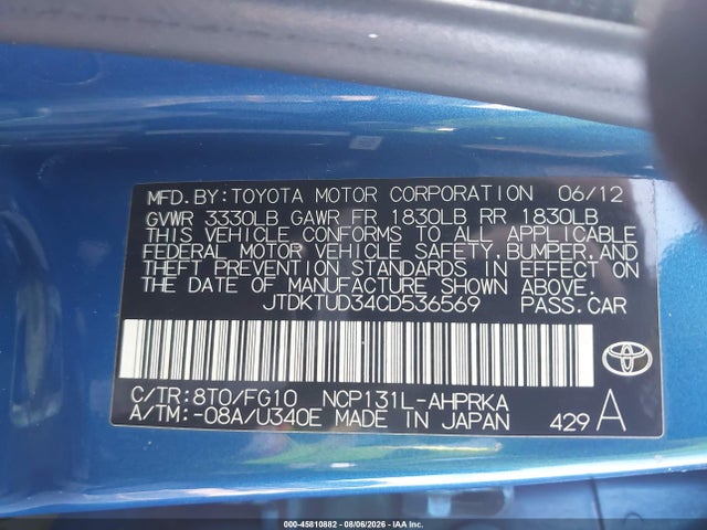 Aukcja sprzedaży 2012 Toyota Yaris L, vin: JTDKTUD34CD536569, numer aukcji: 45810882