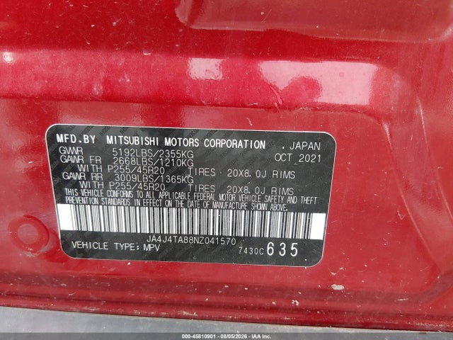 45810901 :رقم المزاد ، JA4J4TA88NZ041570 vin ، 2022 Mitsubishi Outlander Es 2.5 S-awc مزاد بيع