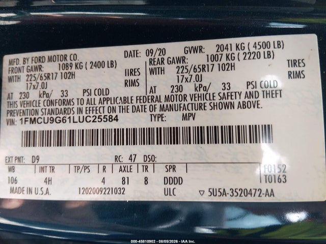 Продаж на аукціоні авто 2020 Ford Escape Se, vin: 1FMCU9G61LUC25584, номер лоту: 45810902