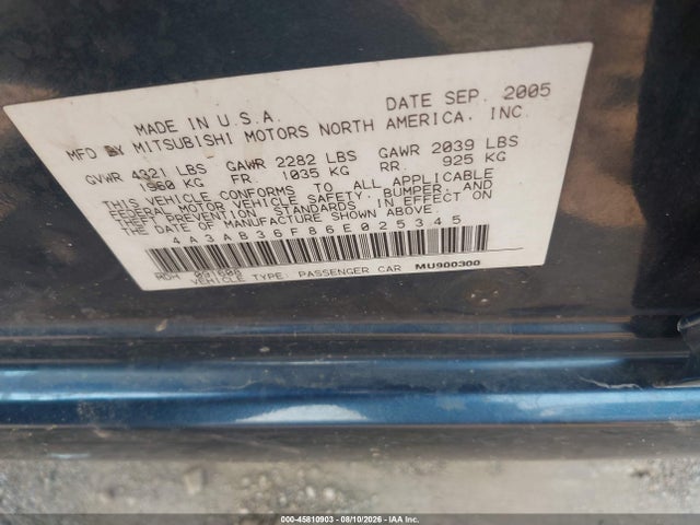 Aukcja sprzedaży 2006 Mitsubishi Galant Es/se, vin: 4A3AB36F86E025345, numer aukcji: 45810903