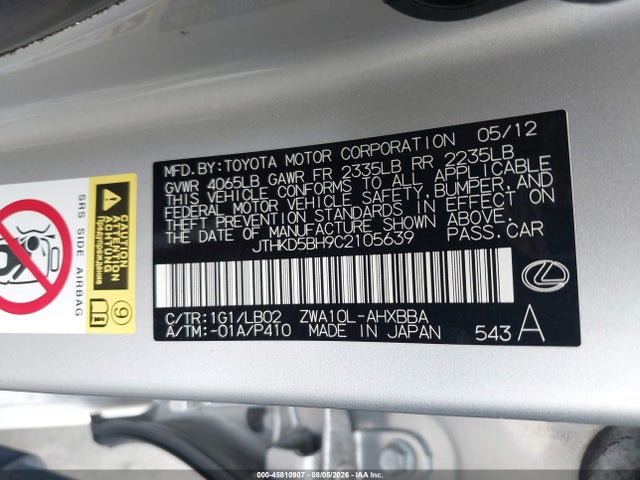 45810907 :رقم المزاد ، JTHKD5BH9C2105639 vin ، 2012 Lexus Ct 200h Premium مزاد بيع