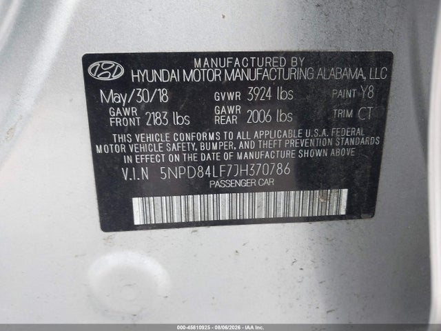Aukcja sprzedaży 2018 Hyundai Elantra Sel, vin: 5NPD84LF7JH370786, numer aukcji: 45810925