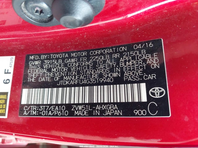 Продаж на аукціоні авто 2016 Toyota Prius Four, vin: JTDKARFU4G3519940, номер лоту: 45810945