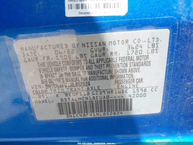 Aukcja sprzedaży 2022 Nissan Versa 1.6 Sr Xtronic Cvt, vin: 3N1CN8FV1NL852824, numer aukcji: 45810954