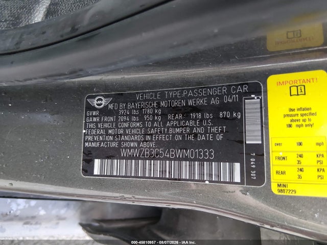 45810957 :رقم المزاد ، WMWZB3C54BWM01333 vin ، 2011 Mini Cooper Countryman مزاد بيع