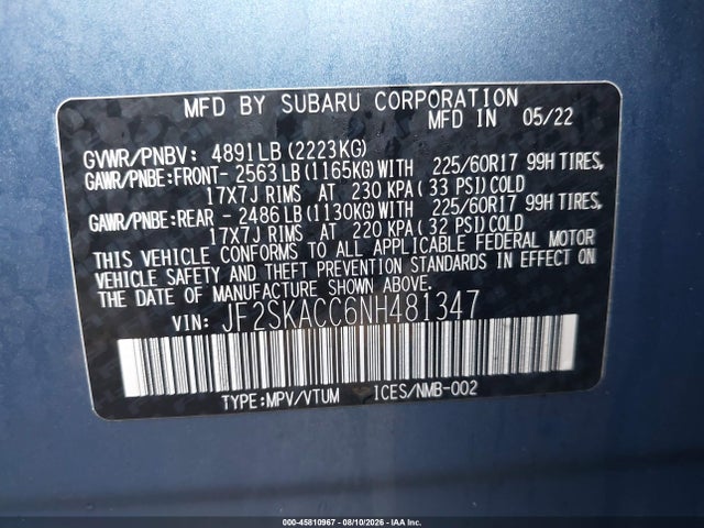 45810967 :رقم المزاد ، JF2SKACC6NH481347 vin ، 2022 Subaru Forester مزاد بيع