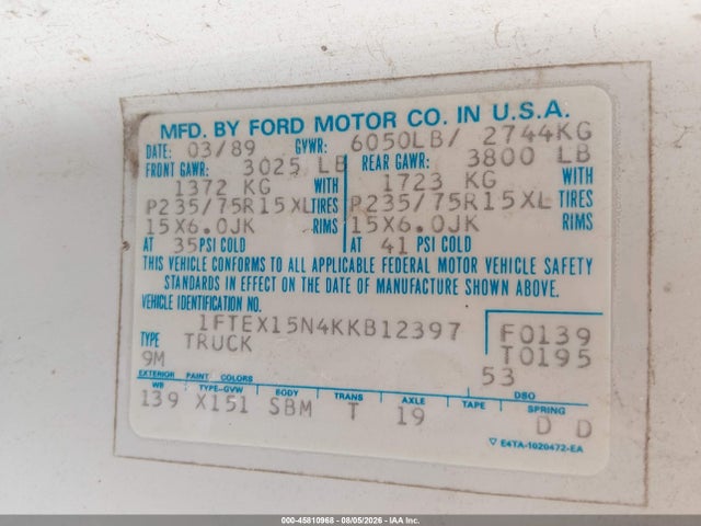 Aukcja sprzedaży 1989 Ford F150, vin: 1FTEX15N4KKB12397, numer aukcji: 45810968