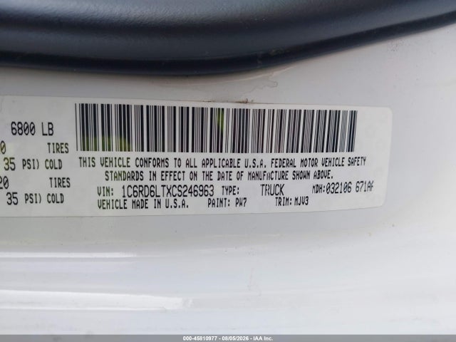 45810977 :رقم المزاد ، 1C6RD6LTXCS246963 vin ، 2012 Ram 1500 Lone Star مزاد بيع