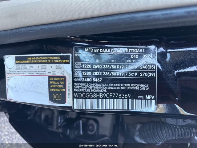 45810988 :رقم المزاد ، WDCGG8HB9CF778369 vin ، 2012 Mercedes-benz Glk 350 4matic مزاد بيع