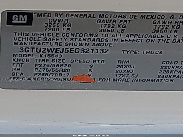 45810997 :رقم المزاد ، 3GTU2WEJ5EG321132 vin ، 2014 Gmc Sierra 1500 Denali مزاد بيع