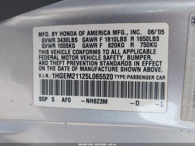 Продажа на аукционе авто 2005 Honda Civic Vp, vin: 1HGEM21125L065520, номер лота: 45811005