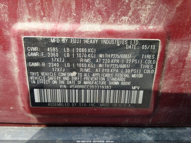 Продажа на аукционе авто 2013 Subaru Outback 2.5i Premium, vin: 4S4BRBCC2D3319383, номер лота: 45811019