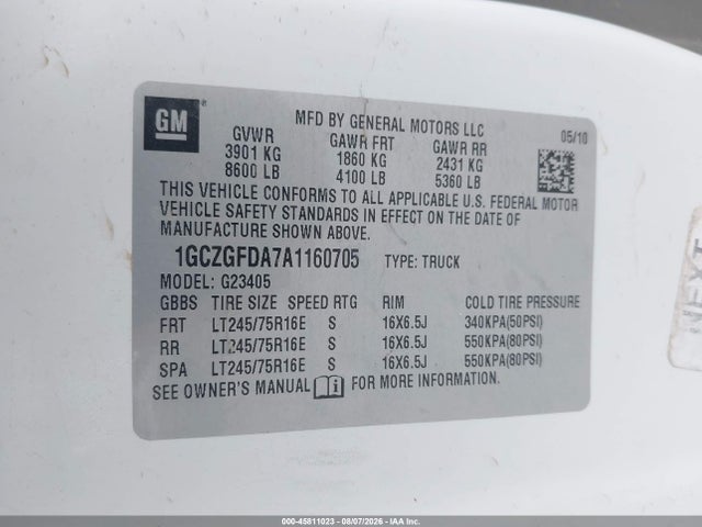 Продажа на аукционе авто 2010 Chevrolet Express 2500 Work Van, vin: 1GCZGFDA7A1160705, номер лота: 45811023