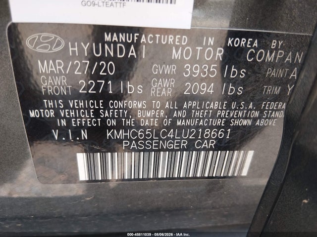 Aukcja sprzedaży 2020 Hyundai Ioniq Hybrid Blue, vin: KMHC65LC4LU218661, numer aukcji: 45811039