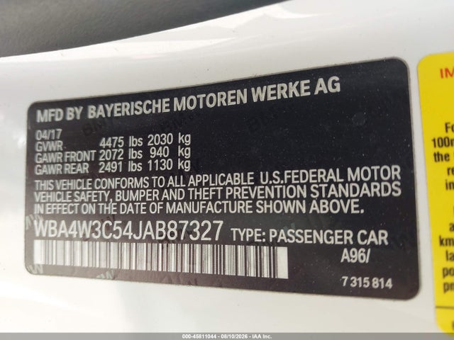 Aukcja sprzedaży 2018 Bmw 430i, vin: WBA4W3C54JAB87327, numer aukcji: 45811044