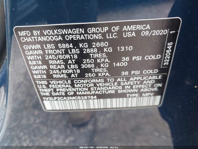 Aukcja sprzedaży 2021 Volkswagen Atlas 2.0t Se, vin: 1V2LP2CA2MC528764, numer aukcji: 45811061