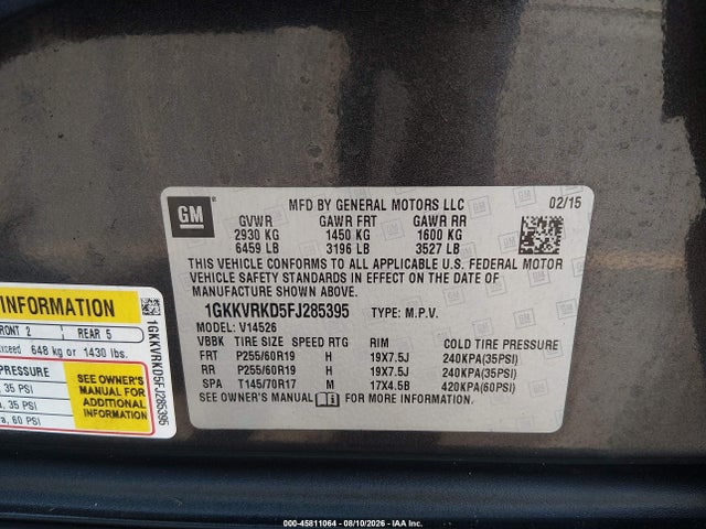 Aukcja sprzedaży 2015 Gmc Acadia Slt, vin: 1GKKVRKD5FJ285395, numer aukcji: 45811064