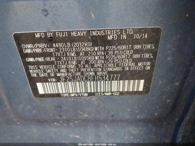 45811066 :رقم المزاد ، JF2SJADC8FH534777 vin ، 2015 Subaru Forester 2.5i Premium مزاد بيع