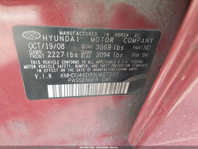 Продажа на аукционе авто 2009 Hyundai Elantra Gls, vin: KMHDU46D89U607210, номер лота: 45811068