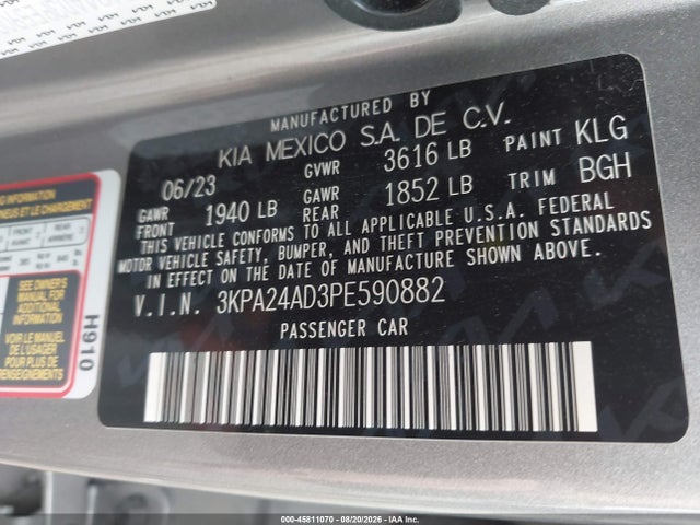 Aukcja sprzedaży 2023 Kia Rio S, vin: 3KPA24AD3PE590882, numer aukcji: 45811070
