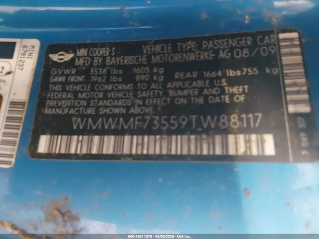 2009 Mini Cooper S მანქანა იყიდება აუქციონზე, vin: WMWMF73559TW88117, აუქციონის ნომერი: 45811079