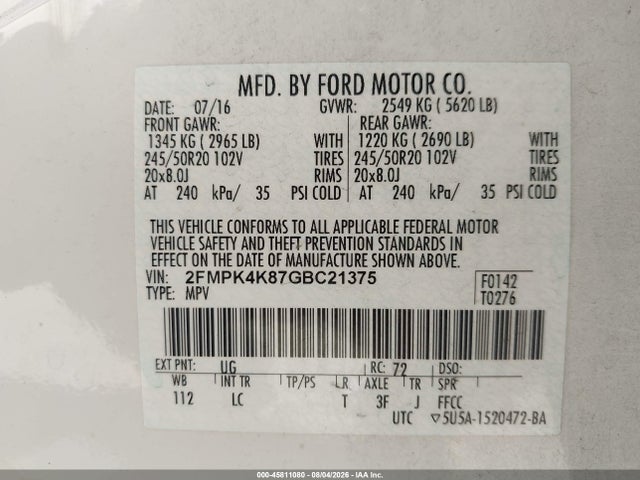 Ford Edge Titanium 2016 2FMPK4K87GBC21375 Image 9