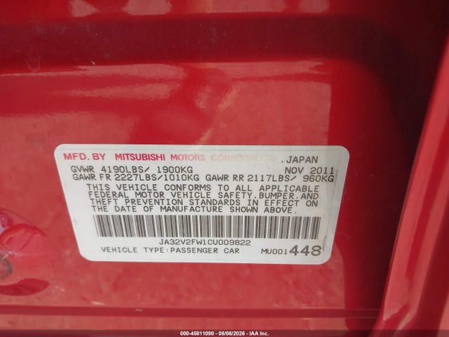 Aukcja sprzedaży 2012 Mitsubishi Lancer Se, vin: JA32V2FW1CU009822, numer aukcji: 45811090