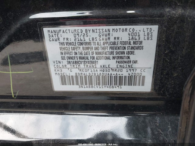 45811092 :رقم المزاد ، 3N1AB8CV1SY408491 vin ، 2025 Nissan Sentra Sv مزاد بيع