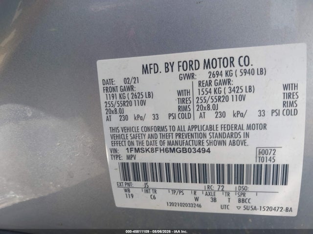 2021 Ford Explorer Limited მანქანა იყიდება აუქციონზე, vin: 1FMSK8FH6MGB03494, აუქციონის ნომერი: 45811109