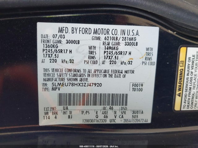 Продажа на аукционе авто 2003 Lincoln Aviator, vin: 5LMEU78HX3ZJ47920, номер лота: 45811118
