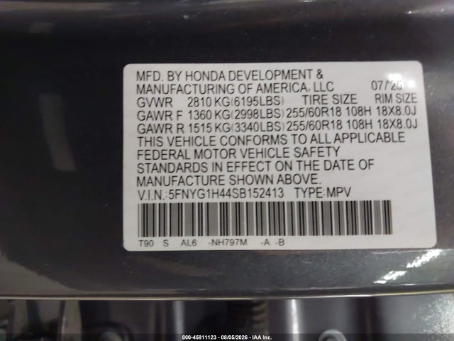 45811123 :رقم المزاد ، 5FNYG1H44SB152413 vin ، 2025 Honda Pilot Ex-l مزاد بيع