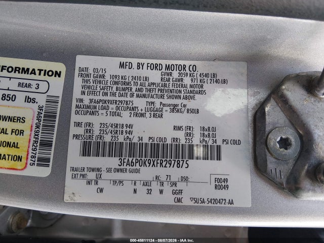 Продажа на аукционе авто 2015 Ford Fusion Titanium, vin: 3FA6P0K9XFR297875, номер лота: 45811124